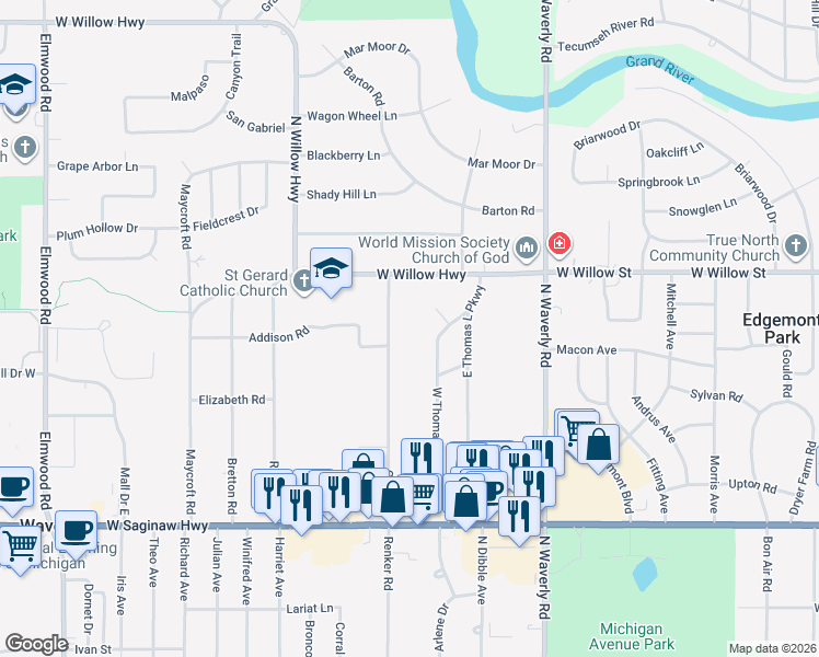 map of restaurants, bars, coffee shops, grocery stores, and more near 4217 Knoll Circle in Lansing