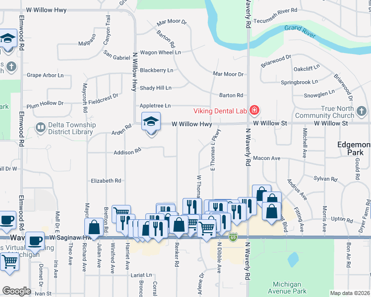 map of restaurants, bars, coffee shops, grocery stores, and more near 1125 Clark Road in Lansing