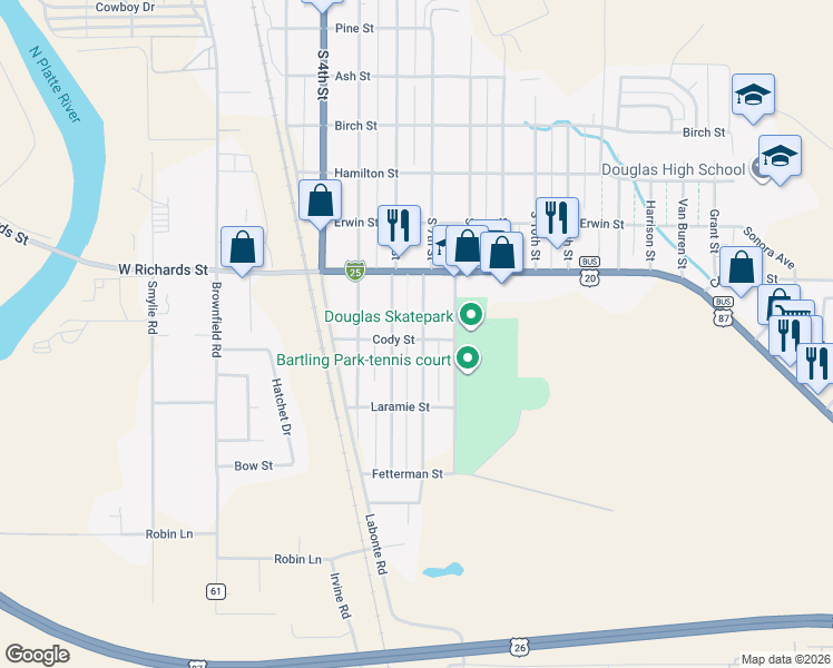 map of restaurants, bars, coffee shops, grocery stores, and more near 939 Washington St in Douglas