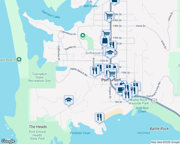 map of restaurants, bars, coffee shops, grocery stores, and more near 702 Port Orford Highway in Port Orford