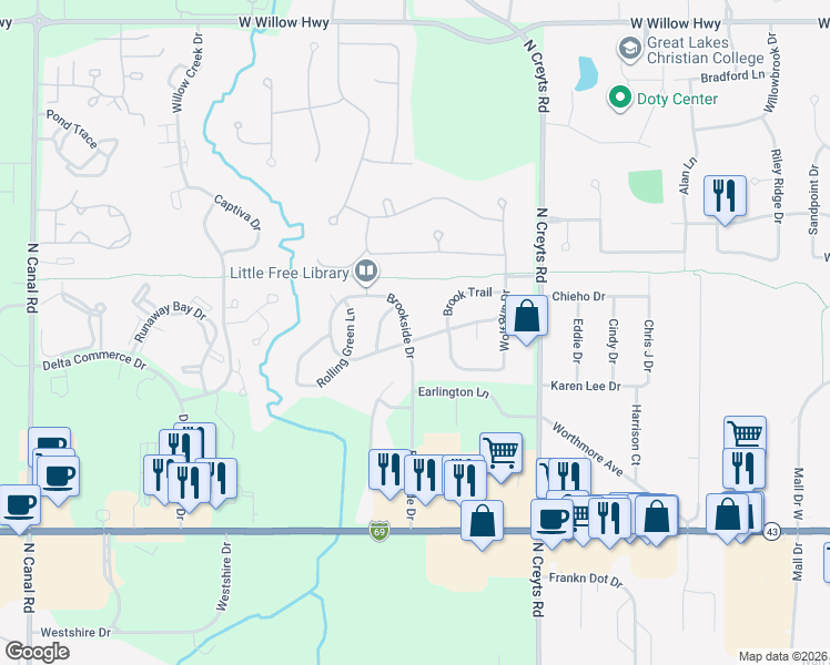 map of restaurants, bars, coffee shops, grocery stores, and more near 1214 Brookside Drive in Lansing