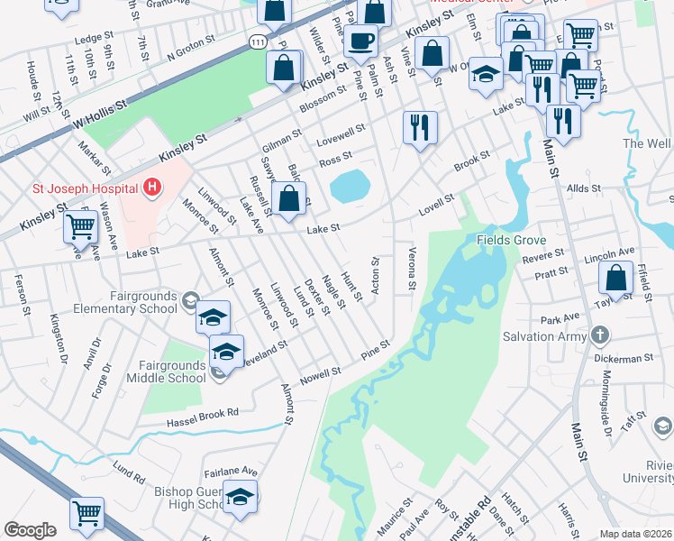map of restaurants, bars, coffee shops, grocery stores, and more near 22 1/2 Hunt Street in Nashua