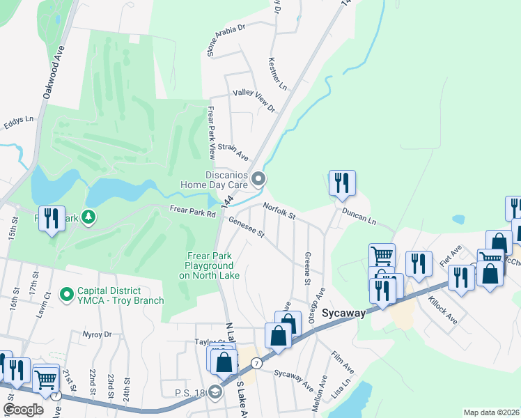 map of restaurants, bars, coffee shops, grocery stores, and more near 111 Seneca St in Troy