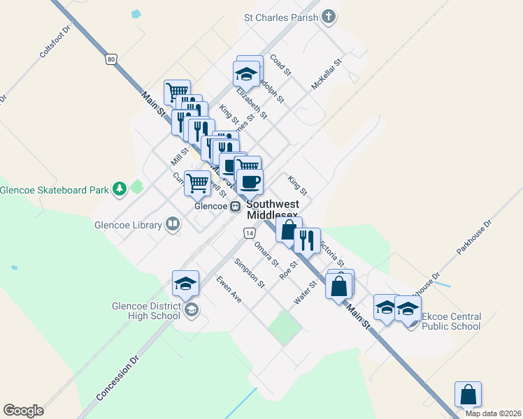 map of restaurants, bars, coffee shops, grocery stores, and more near 185 Main Street in Southwest Middlesex
