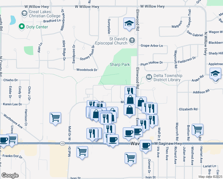 map of restaurants, bars, coffee shops, grocery stores, and more near Mall Court in Lansing