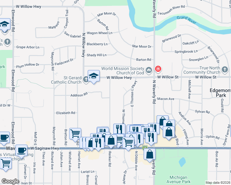 map of restaurants, bars, coffee shops, grocery stores, and more near 4217 Knoll Circle in Lansing