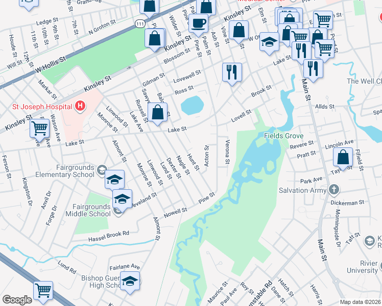 map of restaurants, bars, coffee shops, grocery stores, and more near 22 1/2 Hunt Street in Nashua