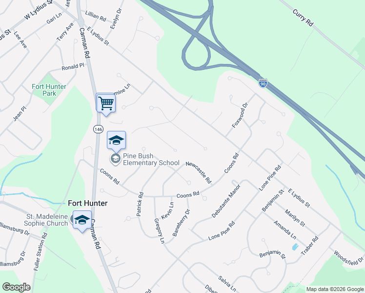 map of restaurants, bars, coffee shops, grocery stores, and more near 5231 Bridle Pathway in Schenectady