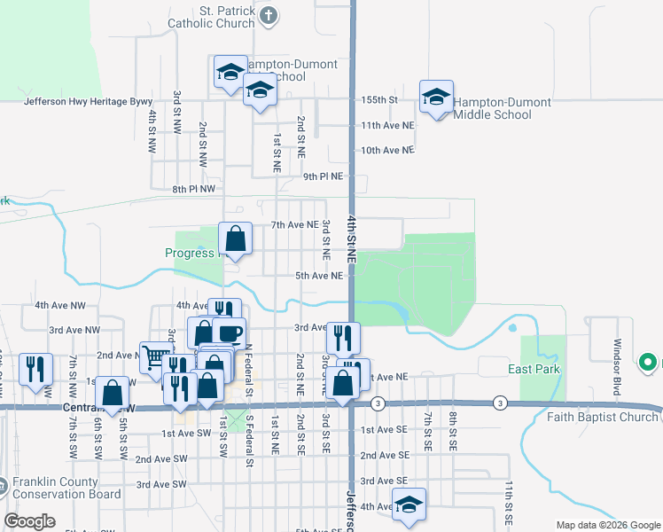 map of restaurants, bars, coffee shops, grocery stores, and more near 516 3rd St NE in Hampton