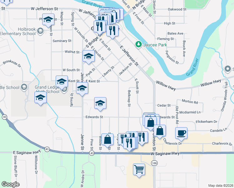 map of restaurants, bars, coffee shops, grocery stores, and more near 900 Degroff Street in Grand Ledge