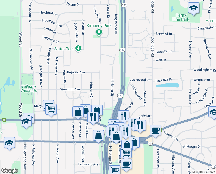map of restaurants, bars, coffee shops, grocery stores, and more near 2904 Imperial Circle in Lansing