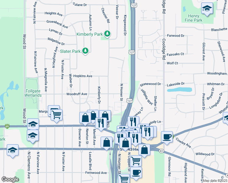 map of restaurants, bars, coffee shops, grocery stores, and more near 2904 Imperial Circle in Lansing