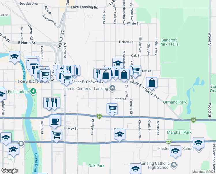 map of restaurants, bars, coffee shops, grocery stores, and more near 924 East Grand River Road in Lansing
