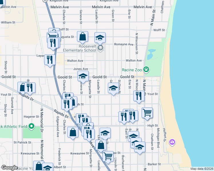 map of restaurants, bars, coffee shops, grocery stores, and more near 2035 Superior Street in Racine