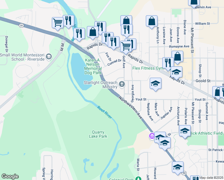 map of restaurants, bars, coffee shops, grocery stores, and more near 3234 Northwestern Avenue in Racine