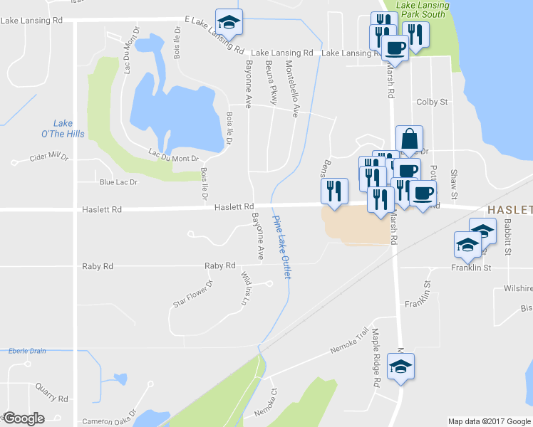 map of restaurants, bars, coffee shops, grocery stores, and more near 5700 Bayonne Avenue in Meridian charter Township