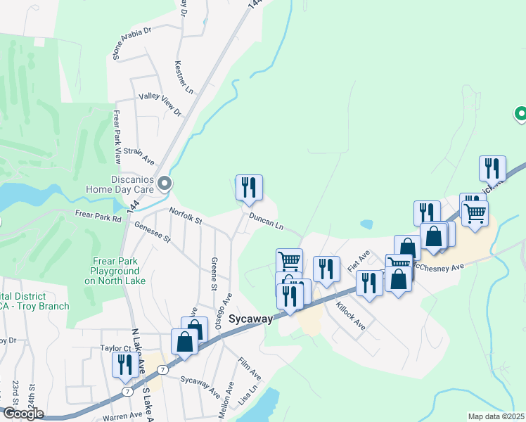 map of restaurants, bars, coffee shops, grocery stores, and more near 32 Duncan Lane in Troy