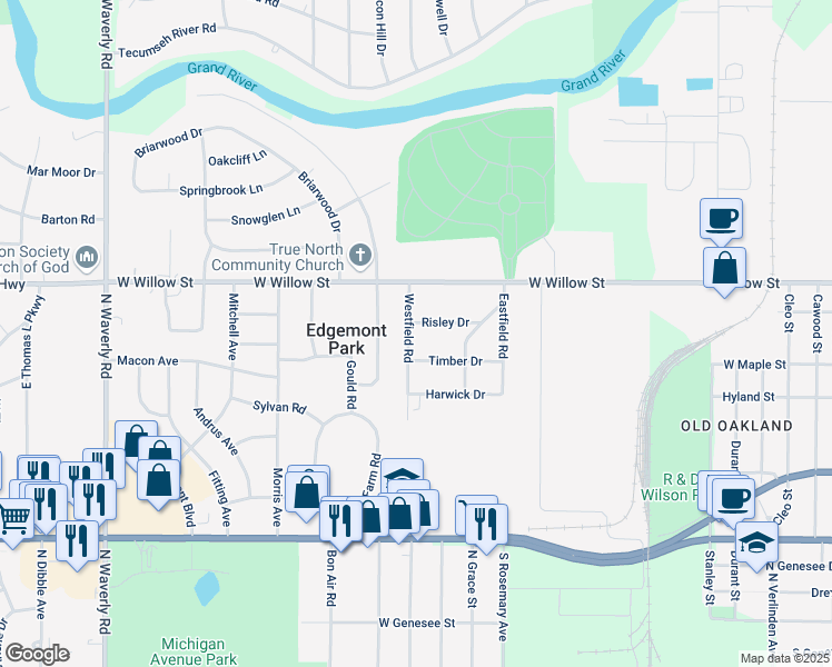 map of restaurants, bars, coffee shops, grocery stores, and more near 1130 Westfield Road in Lansing