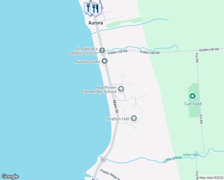 map of restaurants, bars, coffee shops, grocery stores, and more near New York 90 in Aurora
