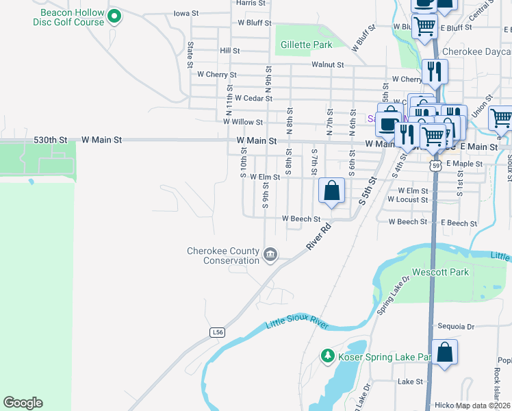 map of restaurants, bars, coffee shops, grocery stores, and more near 328-336 South 9th Street in Cherokee