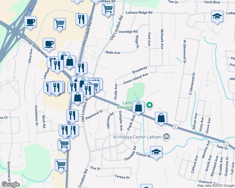 map of restaurants, bars, coffee shops, grocery stores, and more near 13 Scully Avenue in Latham