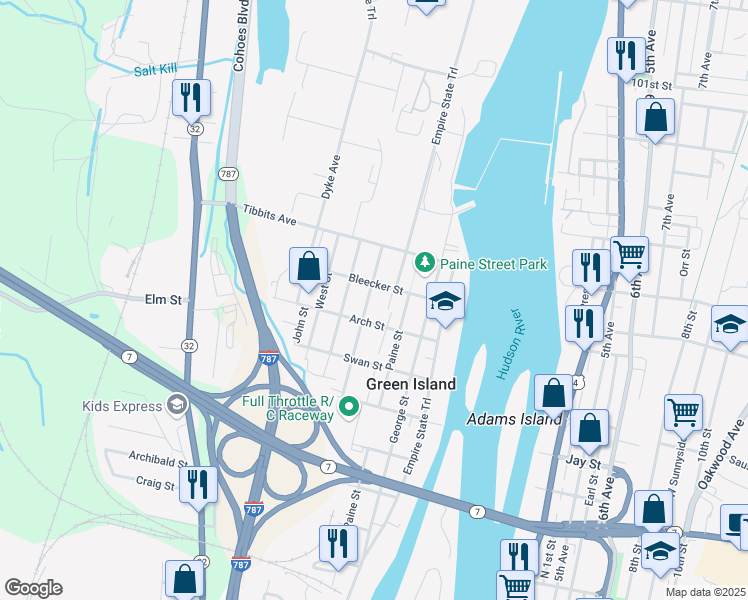 map of restaurants, bars, coffee shops, grocery stores, and more near 69 James Street in Green Island