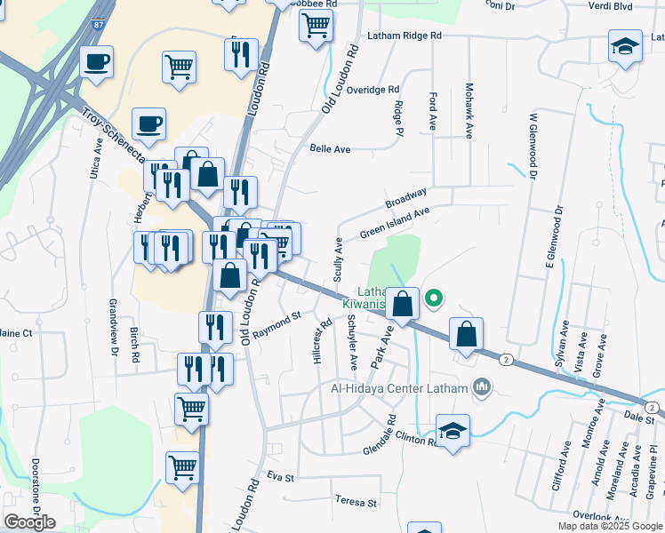 map of restaurants, bars, coffee shops, grocery stores, and more near 13 Scully Avenue in Latham