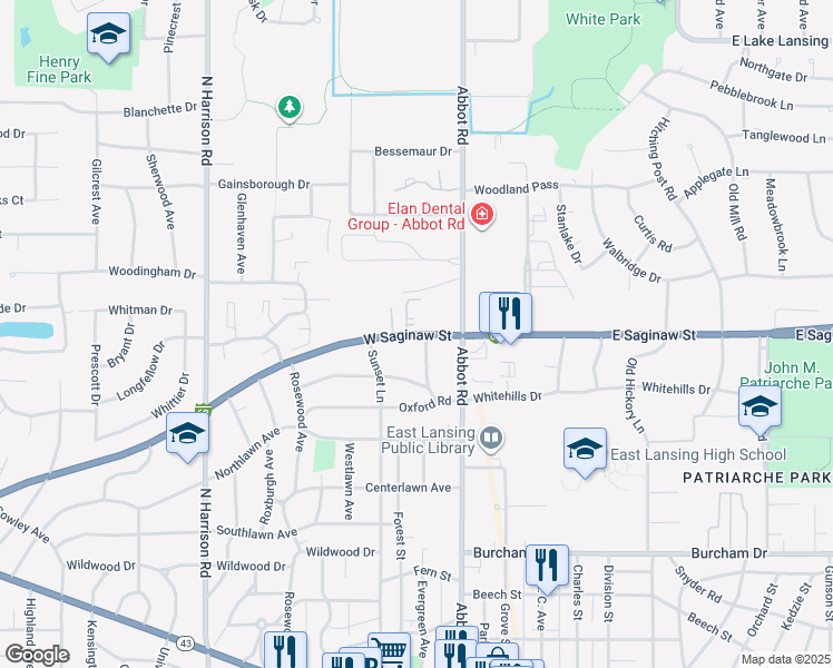map of restaurants, bars, coffee shops, grocery stores, and more near 230 West Saginaw Street in East Lansing