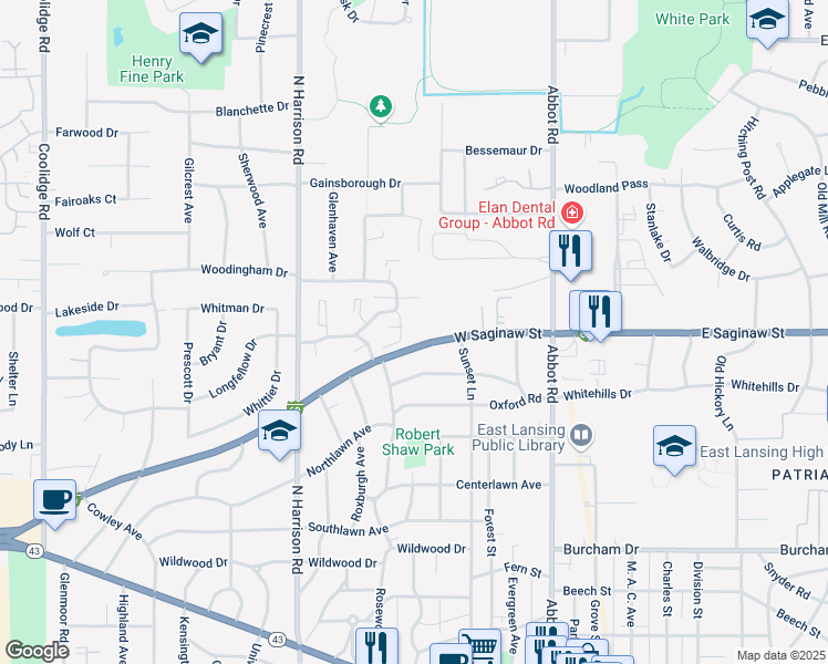 map of restaurants, bars, coffee shops, grocery stores, and more near 410 West Saginaw Street in East Lansing