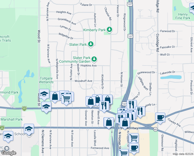 map of restaurants, bars, coffee shops, grocery stores, and more near 1209 Kimberly Drive in Lansing