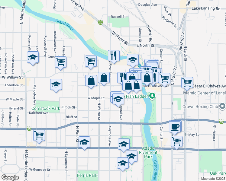 map of restaurants, bars, coffee shops, grocery stores, and more near 1126 Seymour Avenue in Lansing