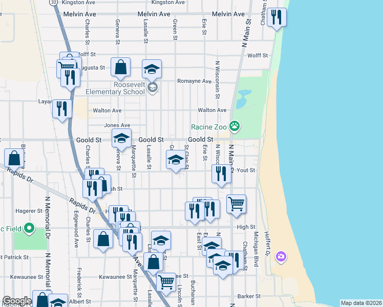 map of restaurants, bars, coffee shops, grocery stores, and more near 2040 Erie Street in Racine
