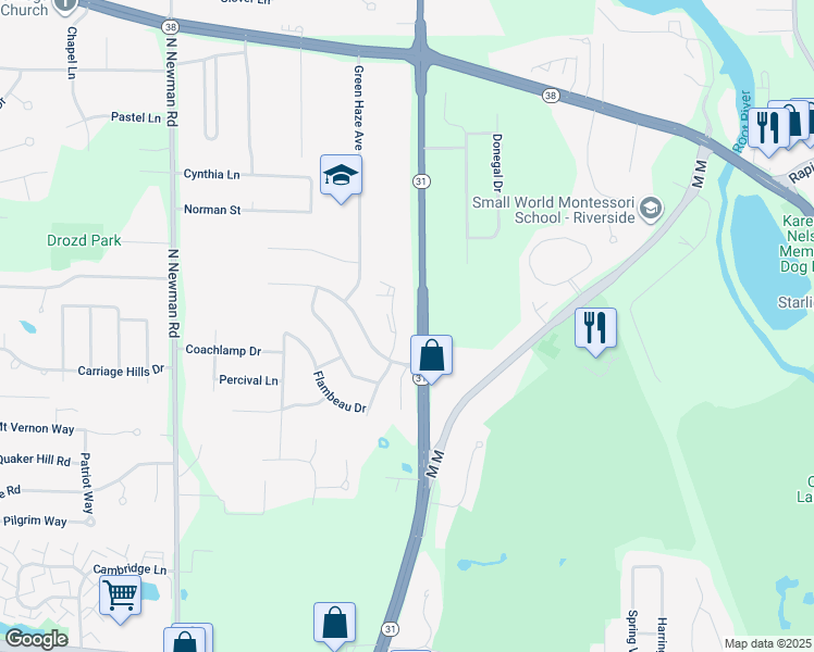 map of restaurants, bars, coffee shops, grocery stores, and more near 4811 Indian Hills Drive in Mount Pleasant