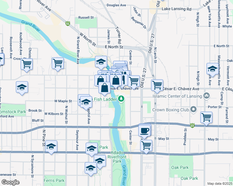 map of restaurants, bars, coffee shops, grocery stores, and more near 201 East Grand River Avenue in Lansing