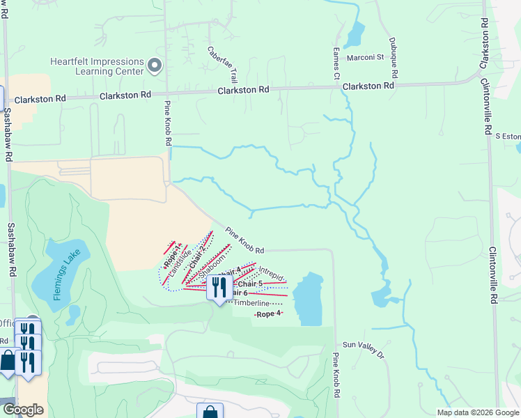 map of restaurants, bars, coffee shops, grocery stores, and more near 7286 Pine Knob Road in Clarkston