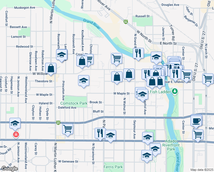 map of restaurants, bars, coffee shops, grocery stores, and more near 1122 North Pine Street in Lansing