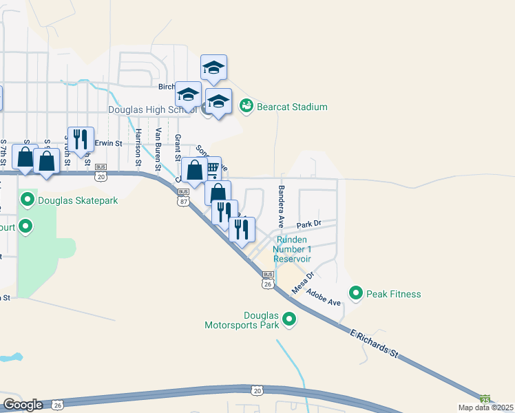 map of restaurants, bars, coffee shops, grocery stores, and more near 1019 Laredo Drive in Douglas
