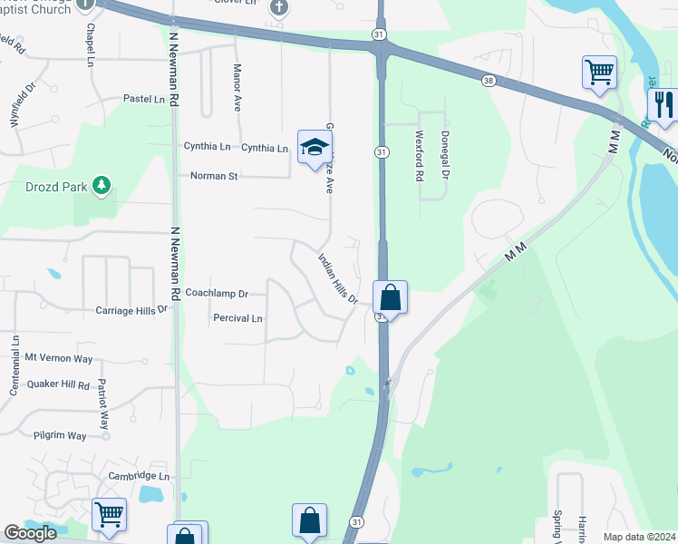 map of restaurants, bars, coffee shops, grocery stores, and more near 4844 Indian Hills Drive in Mount Pleasant