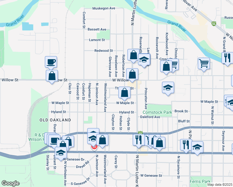 map of restaurants, bars, coffee shops, grocery stores, and more near 1224 Glenn Street in Lansing