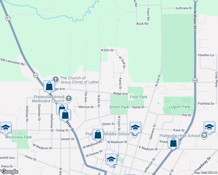 map of restaurants, bars, coffee shops, grocery stores, and more near 220 Ridge Avenue in Platteville