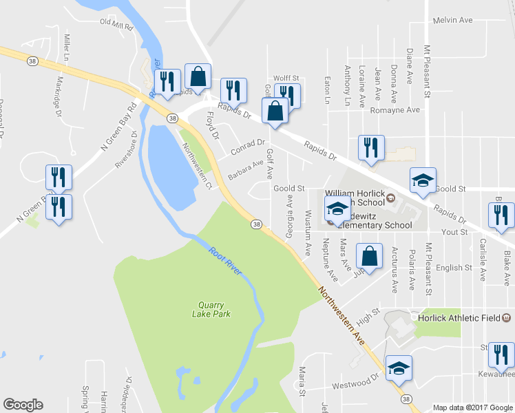 map of restaurants, bars, coffee shops, grocery stores, and more near 3117 Adams Drive in Racine