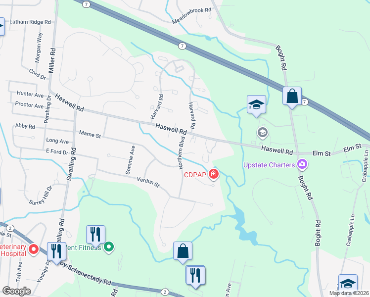 map of restaurants, bars, coffee shops, grocery stores, and more near 6 Northern Blvd in Watervliet