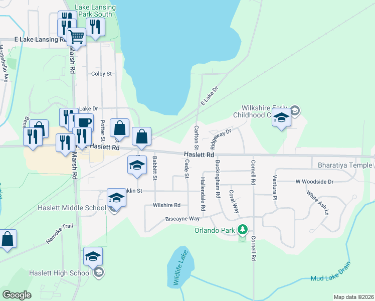 map of restaurants, bars, coffee shops, grocery stores, and more near 1400 Haslett Road in Meridian charter Township