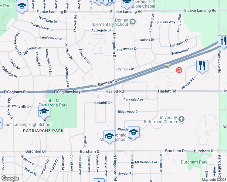 map of restaurants, bars, coffee shops, grocery stores, and more near in East Lansing