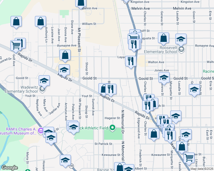 map of restaurants, bars, coffee shops, grocery stores, and more near 2040 Blake Ave in Racine