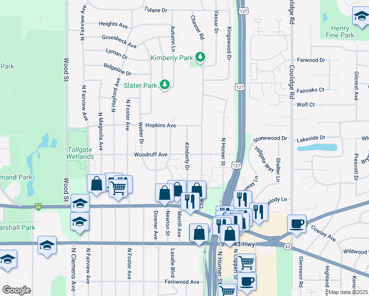 map of restaurants, bars, coffee shops, grocery stores, and more near 1209 Kimberly Drive in Lansing