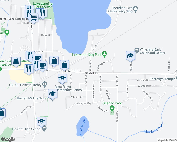 map of restaurants, bars, coffee shops, grocery stores, and more near 1380 Haslett Road in Meridian charter Township