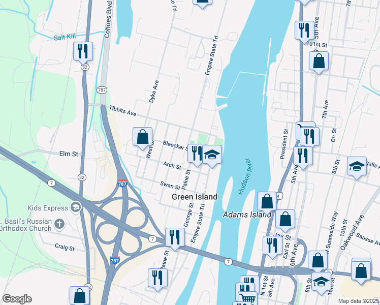 map of restaurants, bars, coffee shops, grocery stores, and more near 187 Paine Street in Troy