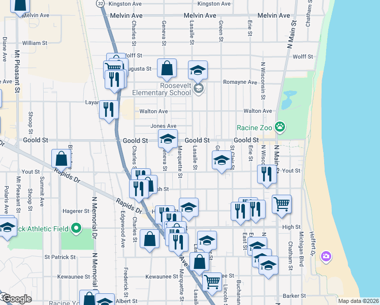 map of restaurants, bars, coffee shops, grocery stores, and more near 2042 Lasalle Street in Racine
