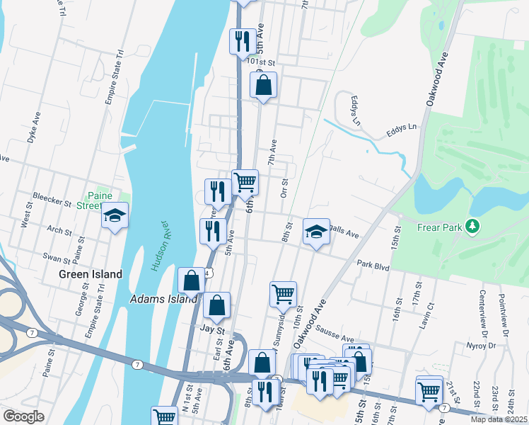 map of restaurants, bars, coffee shops, grocery stores, and more near 7th Avenue & Ingalls Avenue in Troy